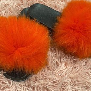 Orange and Black Fur Slides Size 6